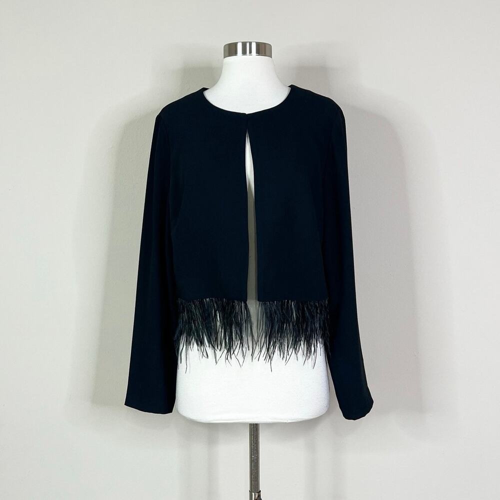 White House Black Market | Black Feather Hem Open Front Cropped Jacket Blazer L - Picture 2 of 8